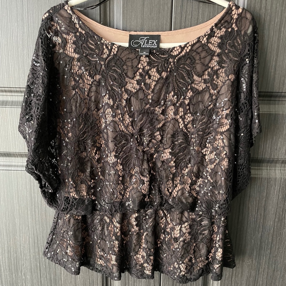 Alex Evenings, M, Cream underlay with black lace top.